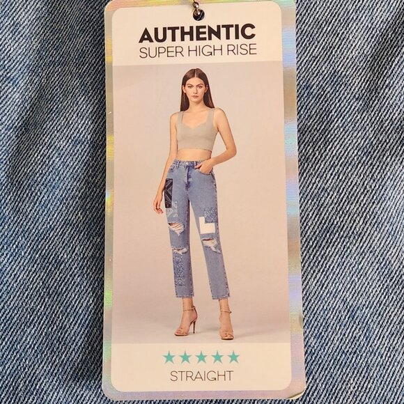 Simply Society Bandana Patch Straight Super High Rise 9/29 Distressed Jeans NEW - Picture 1 of 4